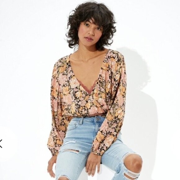 American Eagle Outfitters Tops - American Eagle Black Floral Wrap Blouse Women’s Size Small Romantic Boho